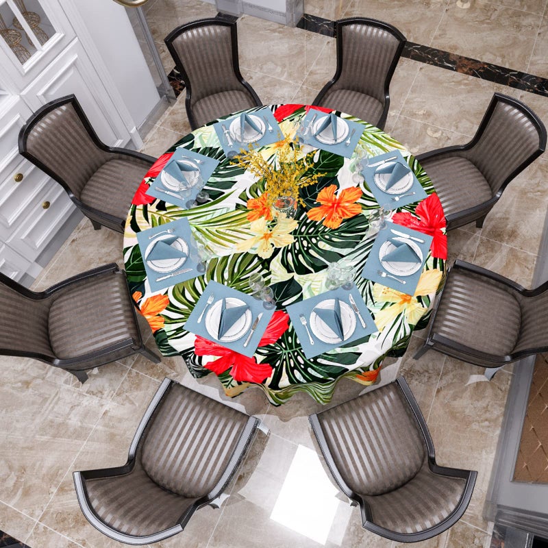 VVA Tropical Round Tablecloth, Hawaiian Palm Tree Hibiscus Flowers Plants Tablecloths, Aloha/Luau Theme Party, Wipeable Waterproof Table Cloth for Family Dinners Patio Outdoor/Outside Events 70x70 Inch - Image 4